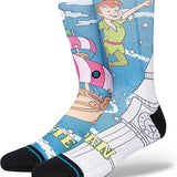 PETER PAN BY TRAVIS C SOCK 2023 - A pair of crew socks featuring Peter Pan flying with his shadow in a blue sky with white clouds and stars.