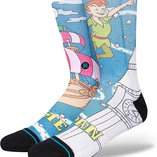 PETER PAN BY TRAVIS C SOCK 2023 - A pair of crew socks featuring Peter Pan flying with his shadow in a blue sky with white clouds and stars.