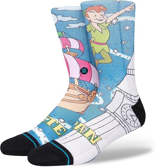 PETER PAN BY TRAVIS C SOCK 2023 - A pair of crew socks featuring Peter Pan flying with his shadow in a blue sky with white clouds and stars.