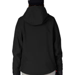 Women's black waterproof pullover hoodie, back view with adjustable hood