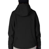 Women's black waterproof pullover hoodie, back view with adjustable hood