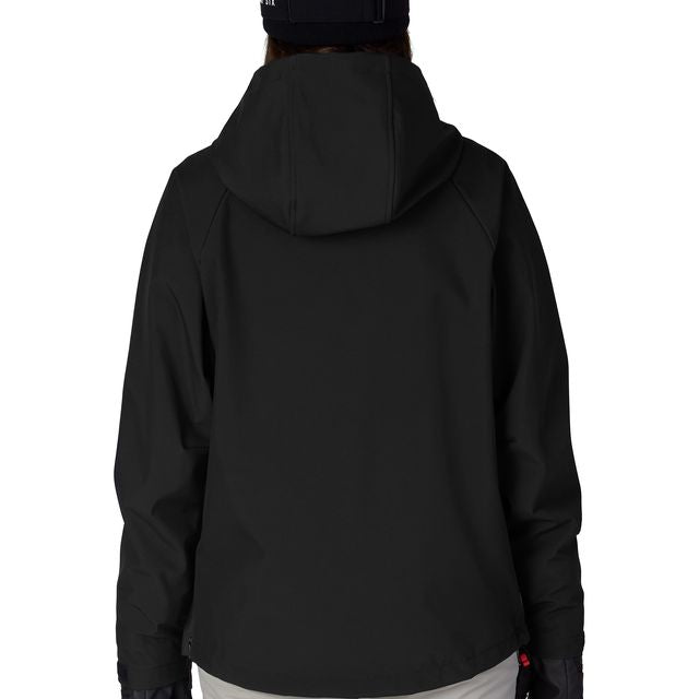 Women's black waterproof pullover hoodie, back view with adjustable hood
