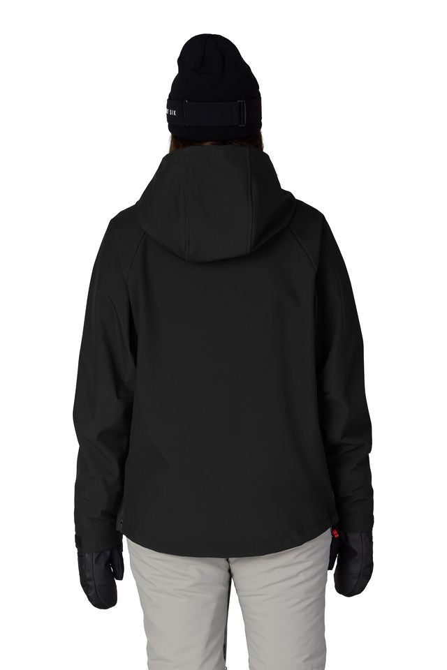 Women's black waterproof pullover hoodie, back view with adjustable hood