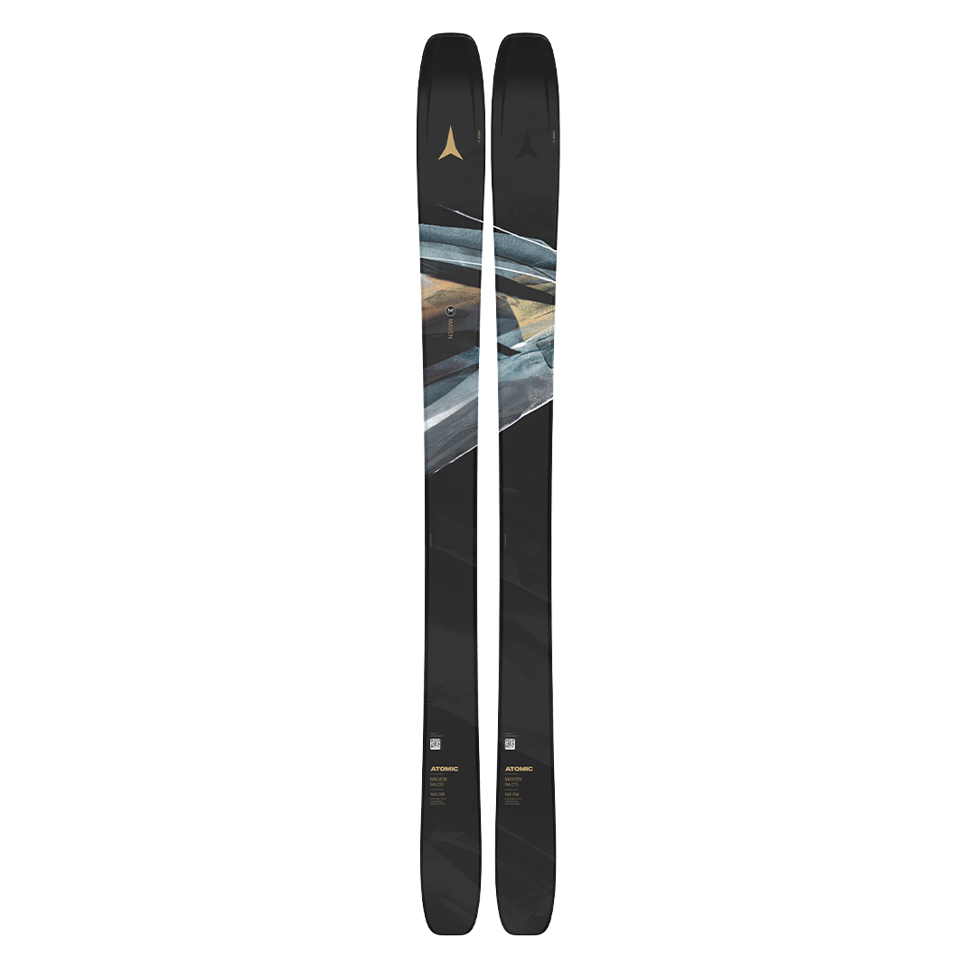 Atomic Women's Maven 94 CTI Skis 2026 - Black skis with a white and gray abstract design on top, featuring a gold Atomic logo at the tip.
