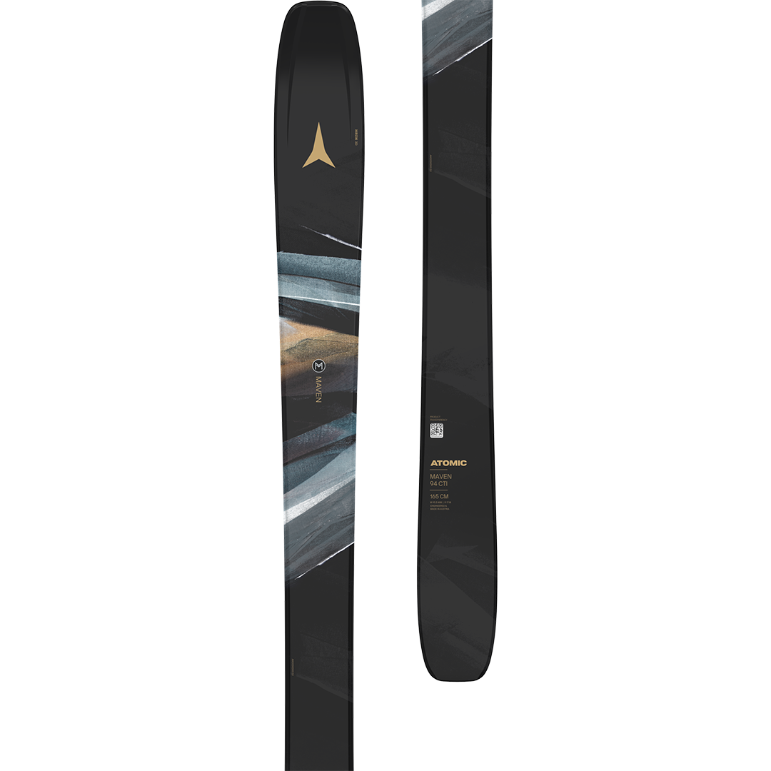 Atomic Women's Maven 94 CTI Skis 2026 - Black skis with a gold logo on top and white lettering that says "MAVEN" near the middle.
