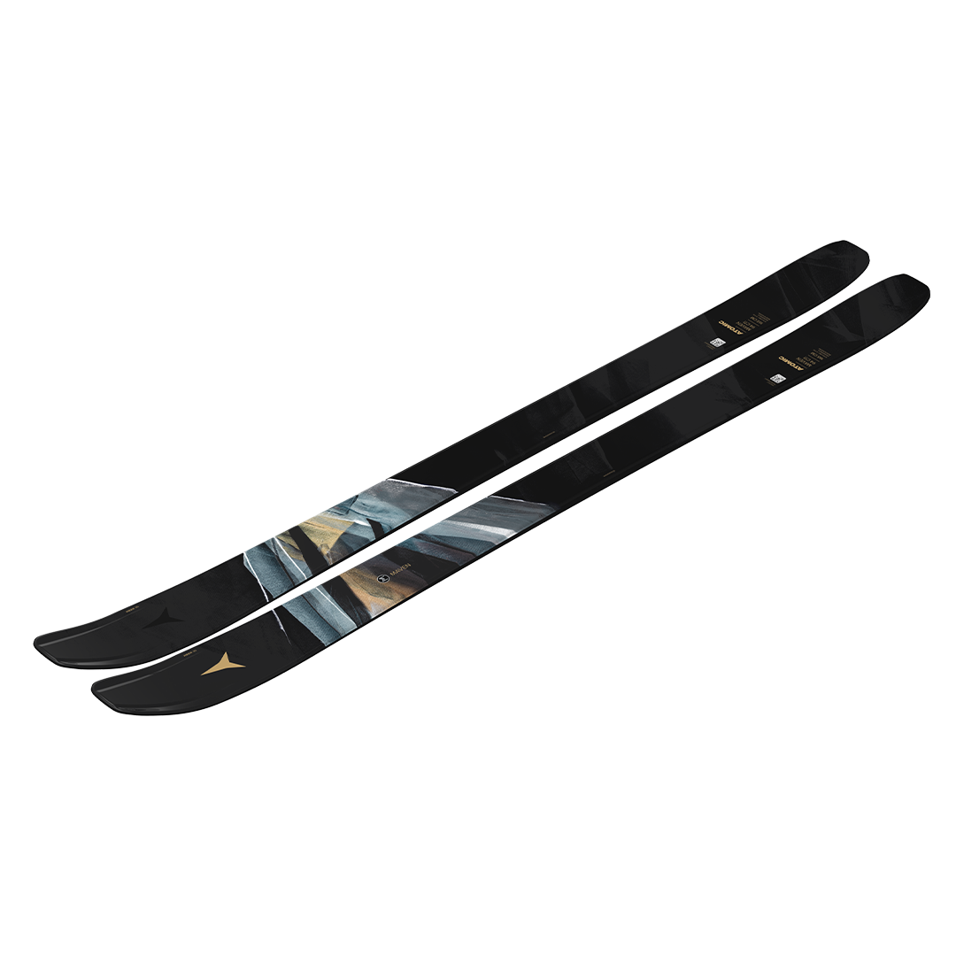 Atomic Women's Maven 94 CTI Skis 2026 - Black skis with a geometric pattern of light blue, gray, and gold stripes on top.