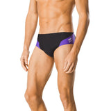 Speedo Spark Splice Brief Swimsuit - A black brief swimsuit with purple and white diagonal stripes on the front.