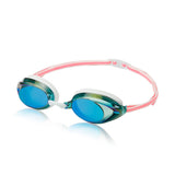 Speedo Women's Vanquisher 2.0 Mirrored Swim Goggle - A pair of mirrored swim goggles with a sleek, modern design and a subtle pink hue on the strap.