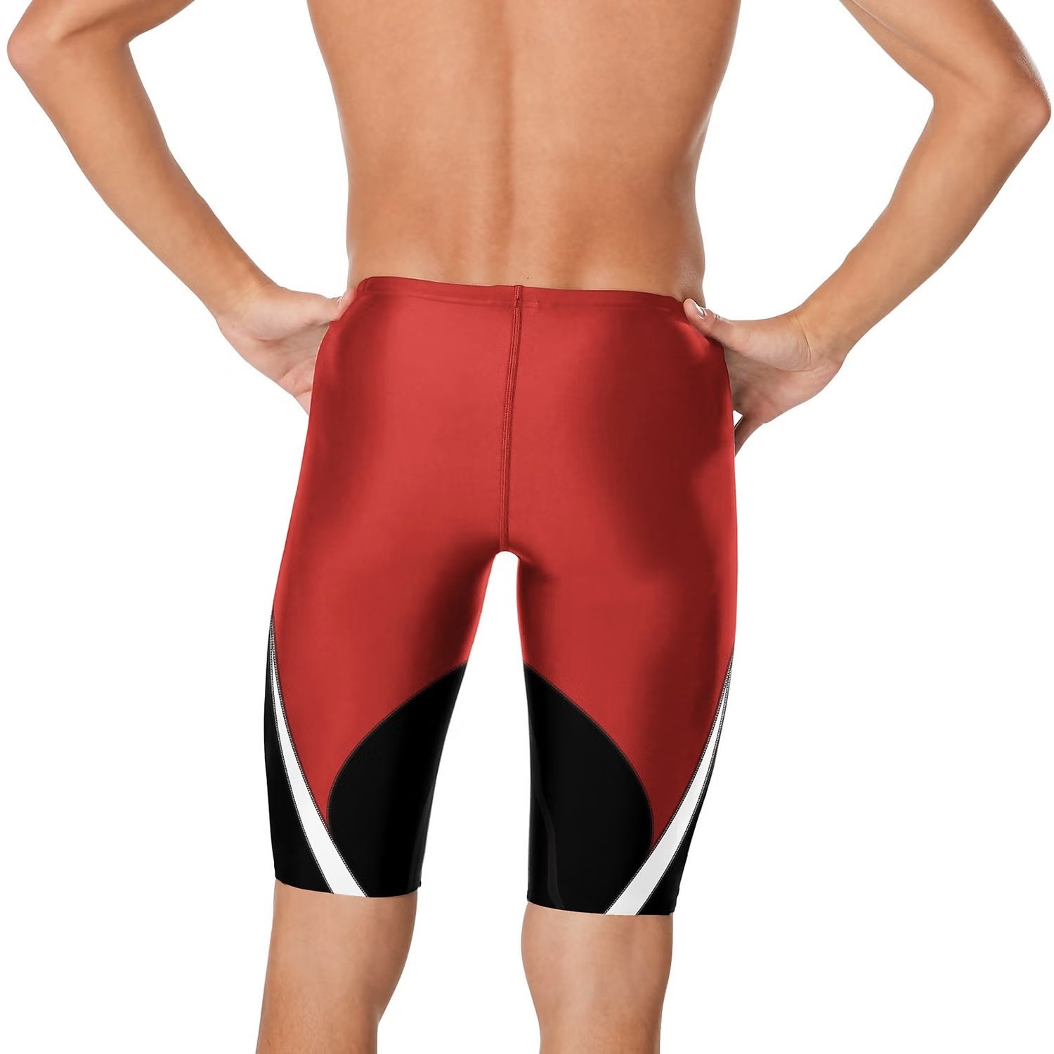 Speedo Edge Splice Jammer Swimsuit - A red swimsuit with a white stripe on the side and black trim at the bottom.