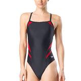 Speedo Tone Setter Splice Flyback Swimsuit - A black swimsuit with red and white accents on the sides.