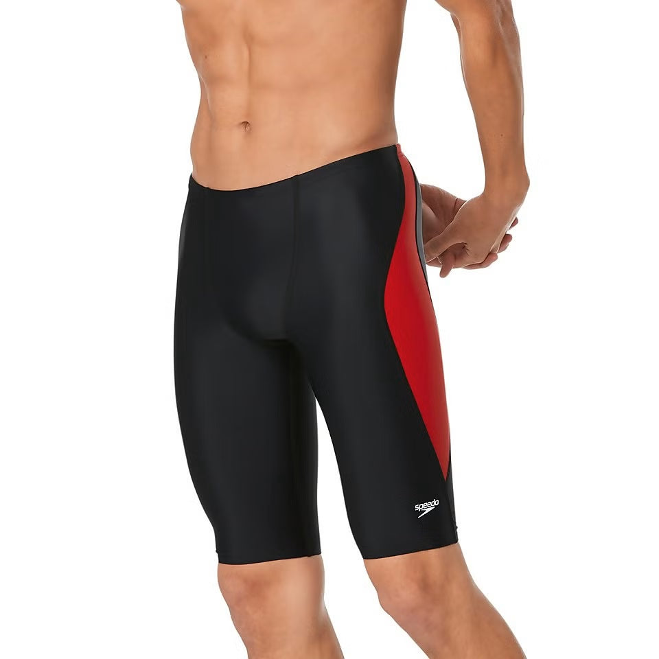 Speedo Tone Setter Jammer - Black swim jammer with a red stripe down the side.