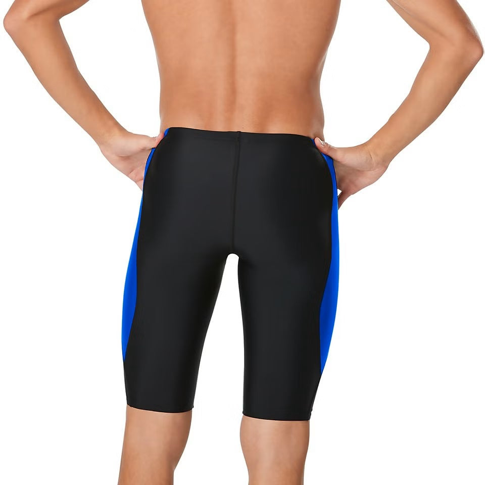 Speedo Tone Setter Jammer - Black swim trunks with a blue stripe down the side.