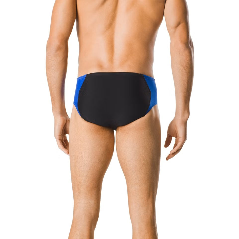 Speedo Spark Splice Brief Swimsuit - A black brief swimsuit with blue and white stripes on the sides.