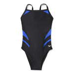 Speedo Tone Setter Splice Flyback Swimsuit - A black swimsuit with blue and grey stripes on the sides.