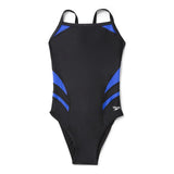 Speedo Tone Setter Splice Flyback Swimsuit - A black swimsuit with blue and grey stripes on the sides.