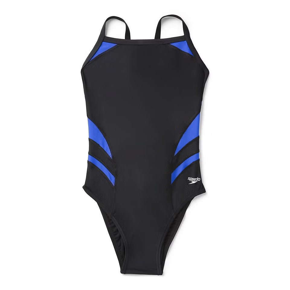 Speedo Tone Setter Splice Flyback Swimsuit - A black swimsuit with blue and grey stripes on the sides.