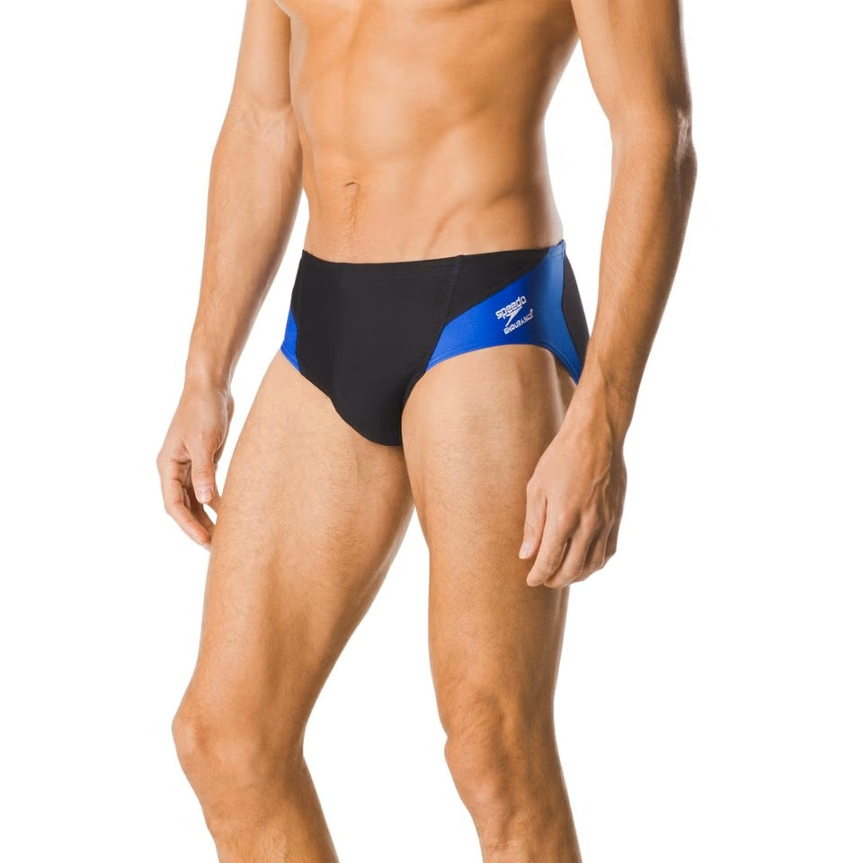 Speedo Spark Splice Brief Swimsuit - A black swimsuit with a blue and white diagonal stripe pattern on the front.