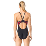 Speedo Tone Setter Splice Flyback Swimsuit - A black swimsuit with a red and grey patterned stripe across the torso.