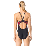 Speedo Tone Setter Splice Flyback Swimsuit - A black swimsuit with a red and grey patterned stripe across the torso.