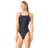 Speedo Tone Setter Splice Flyback Swimsuit - A black swimsuit with red and white geometric patterned stripes on the sides.
