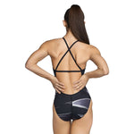 Speedo Infinite Pulse Crossback One Piece Swimsuit - A black one-piece swimsuit with a cross-back design and white accents.