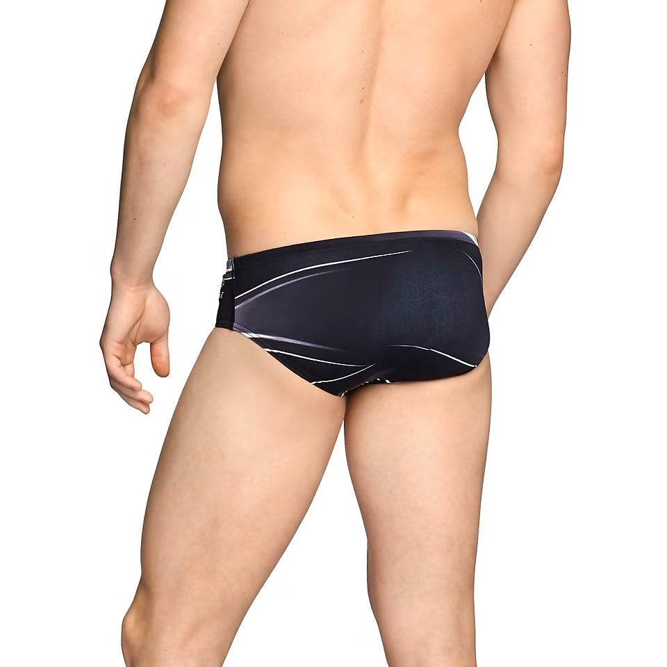 Speedo Infinite Pulse Brief Swimsuit - A navy blue swimsuit with a white and light blue wave pattern on the front, featuring a high waist and low leg cut.