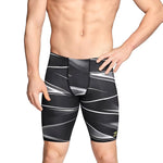 Speedo Infinite Pulse Jammer Swimsuit - A black swimsuit with a geometric pattern of white and gray lines, featuring a yellow logo on the left leg.