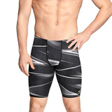Speedo Infinite Pulse Jammer Swimsuit - A black swimsuit with a geometric pattern of white and gray lines, featuring a yellow logo on the left leg.
