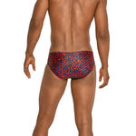 Speedo Race Maze Brief Swimsuit - A red, blue, and white swimsuit with a maze pattern on it.