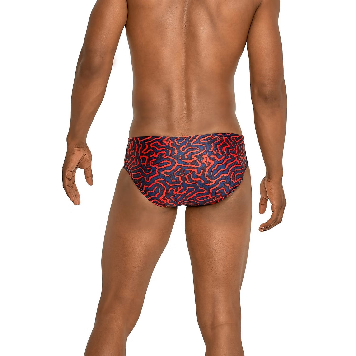 Speedo Race Maze Brief Swimsuit - A red, blue, and white swimsuit with a maze pattern on it.