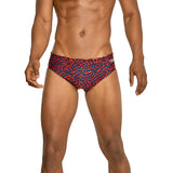 Speedo Race Maze Brief Swimsuit - A navy blue swimsuit with a red maze pattern.