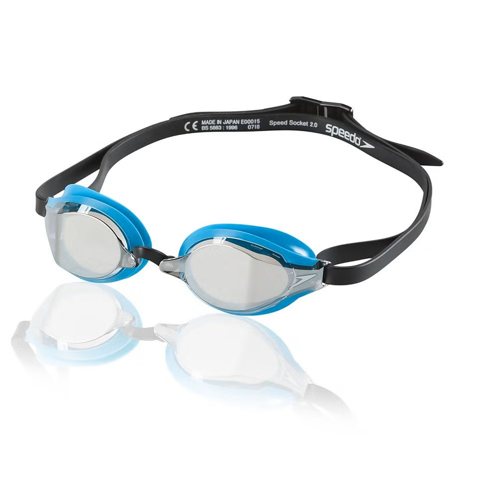 Speedo Speed Socket 2.0 Mirrored Swim Goggle - A pair of mirrored swim goggles with blue ear straps and a black strap that says "speedo" in white letters.