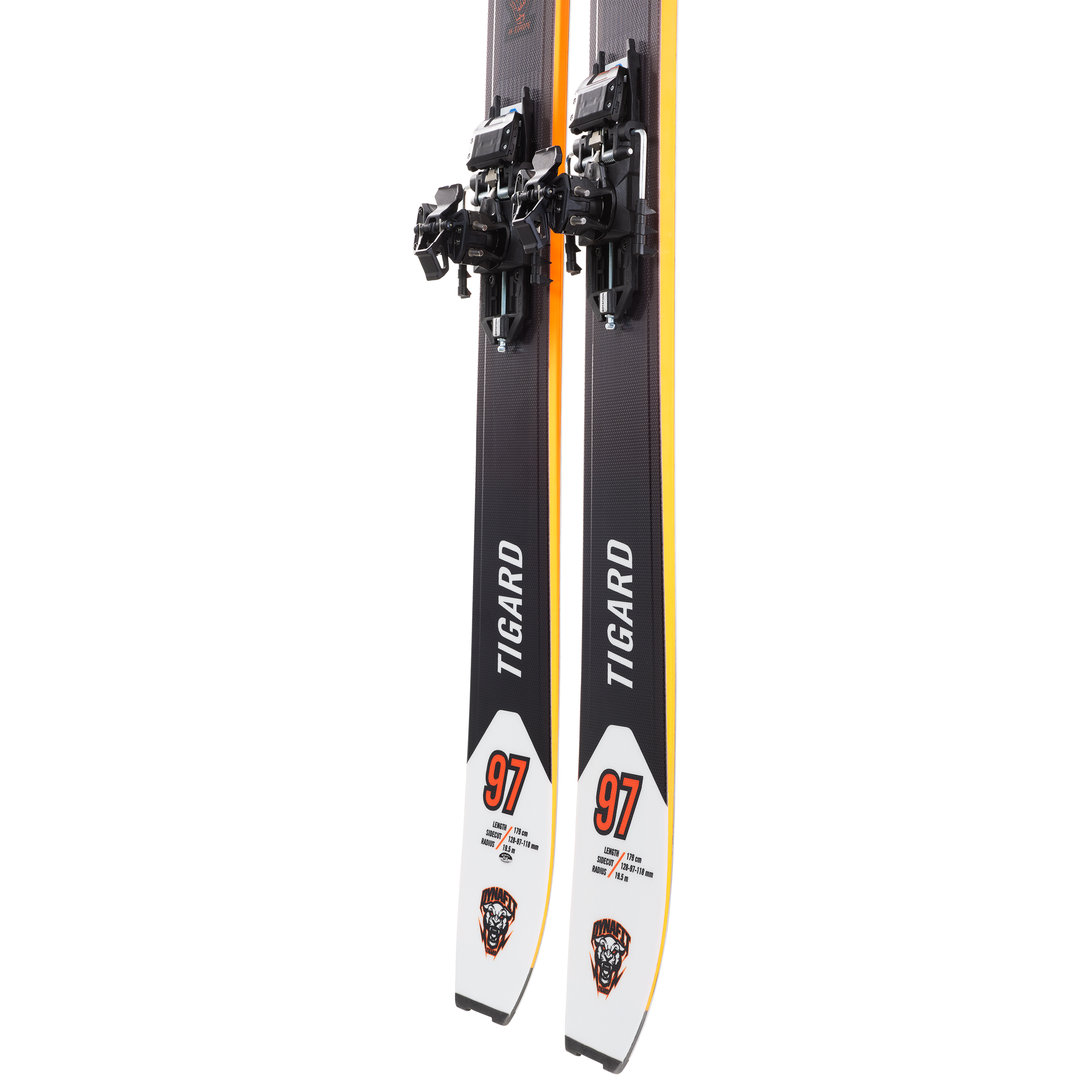 Dynafit Tigard 97 Flat Skis - 2025 model with a sleek black and orange color scheme, featuring a distinctive white stripe along the top edge of each ski.