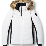Obermeyer Women's Tuscany II Insulated Jacket - A white down-filled puffer jacket with a fur-lined hood and black trim.