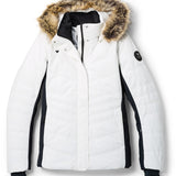 Obermeyer Women's Tuscany II Insulated Jacket - A white down-filled puffer jacket with a fur-lined hood and black trim.