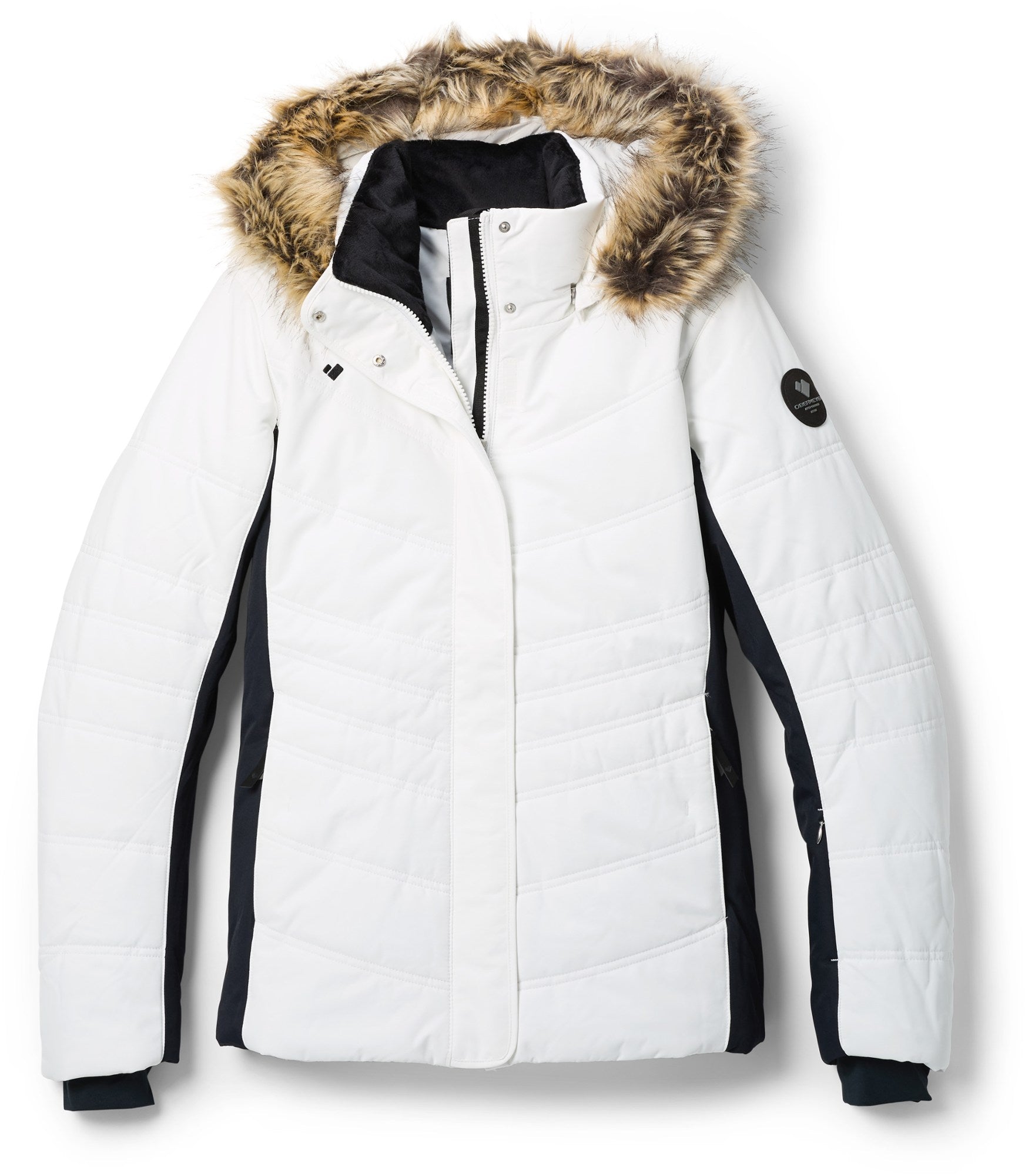 Obermeyer Women's Tuscany II Insulated Jacket - A white down-filled puffer jacket with a fur-lined hood and black trim.