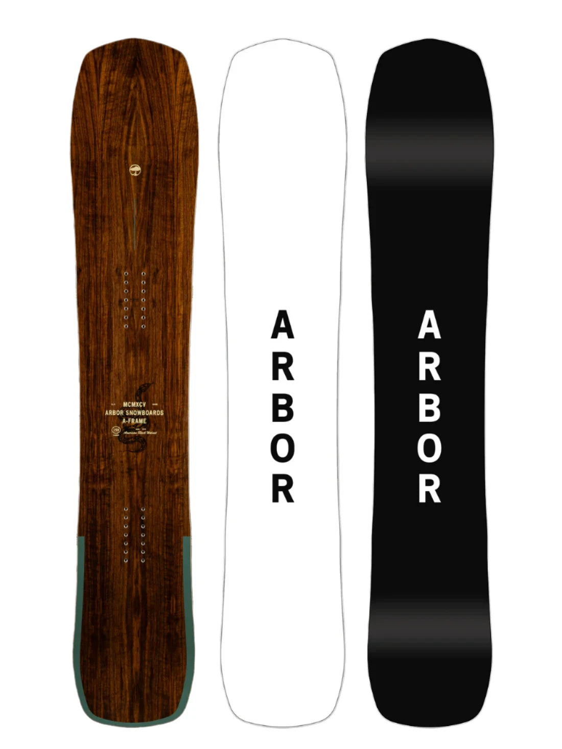 Arbor A-Frame Camber Snowboard 2025 - White snowboard with black lettering and a small white logo on top.