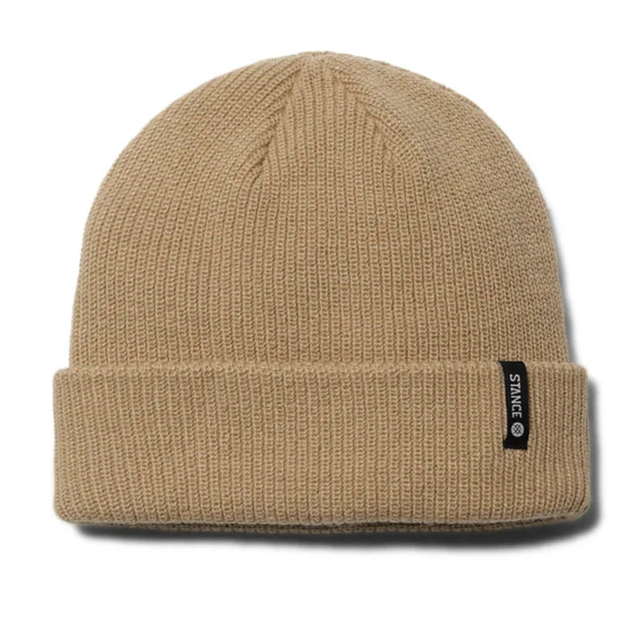 Stance Icon 2 Beanie 2024 - A tan beanie with a black tag featuring white lettering that reads "STANCE" on the front cuff.