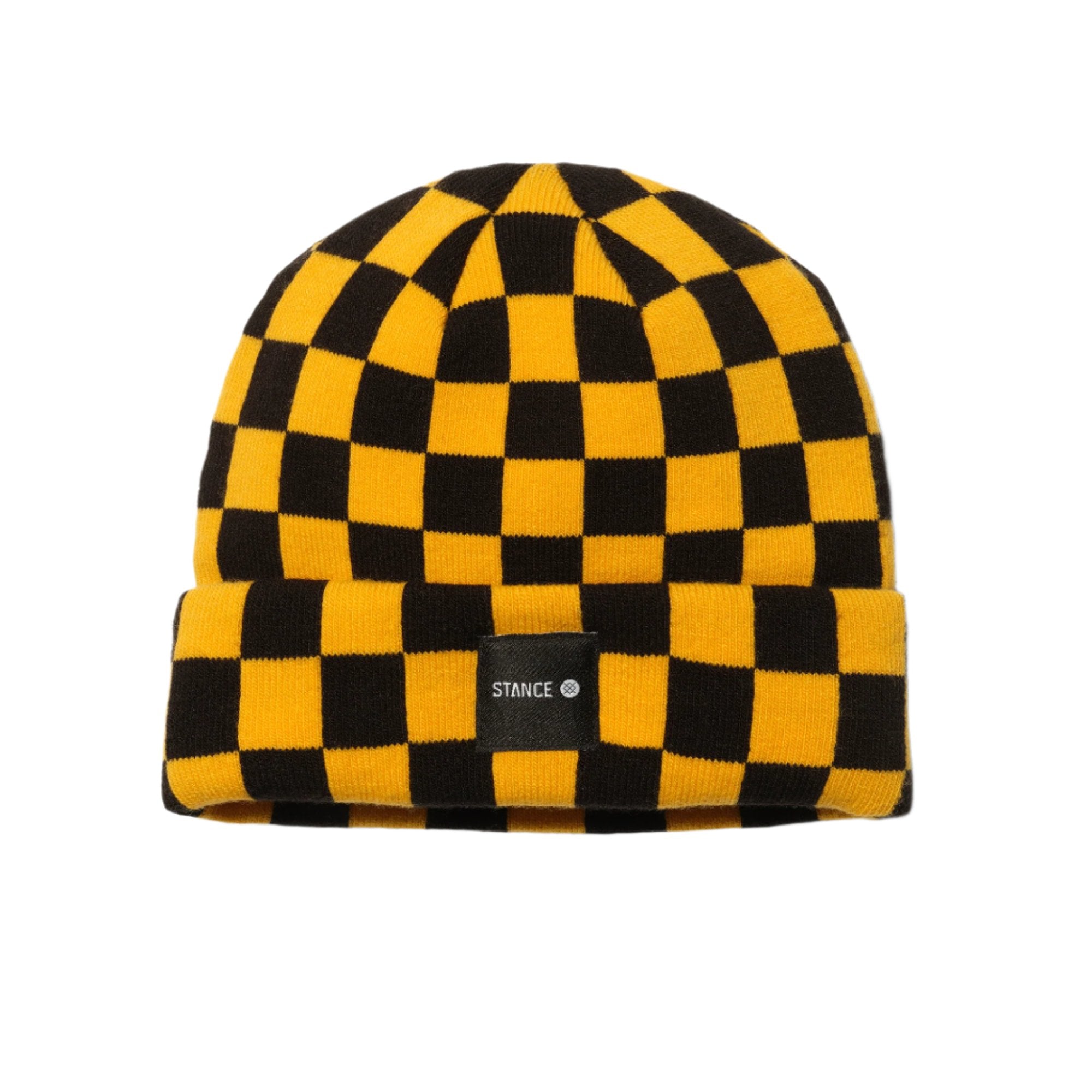 Stance Checked Out Beanie 2025 - Black beanie with a yellow and black checkerboard pattern.