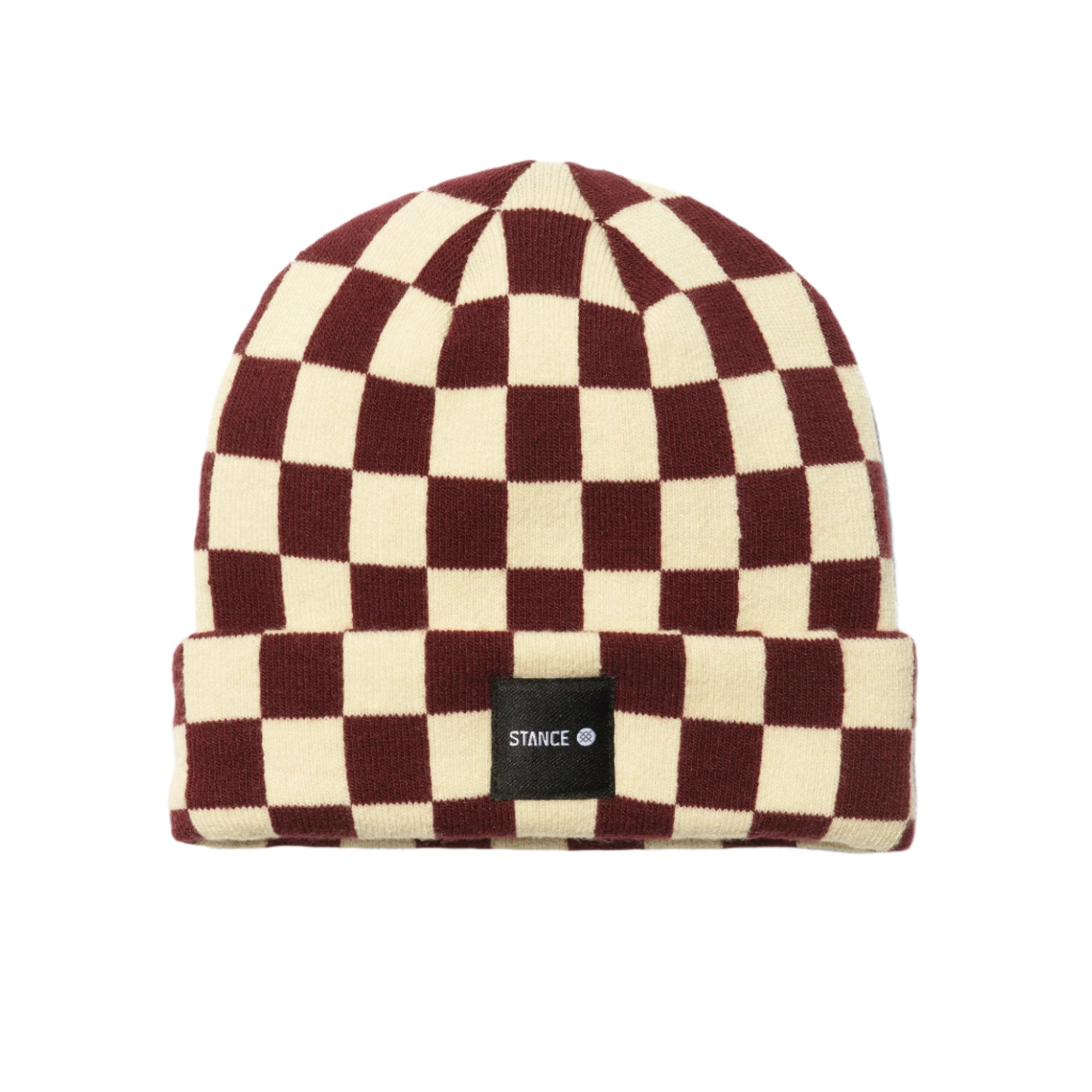 Stance Checked Out Beanie 2025 - A brown and cream checkered beanie with a black label featuring the word "STANCE" in white letters.