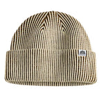 Autumn Simple Static Beanie 2025 - A cream-colored beanie with thin, dark brown stripes and a small logo on the front.