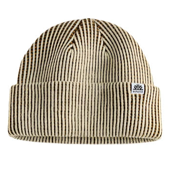 Autumn Simple Static Beanie 2025 - A cream-colored beanie with thin, dark brown stripes and a small logo on the front.