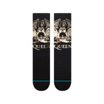 Stance X Queen Golden Crew Socks 2024 - A pair of black crew socks with a gold crown and "Queen" logo on the top, featuring a teal stripe at the bottom.