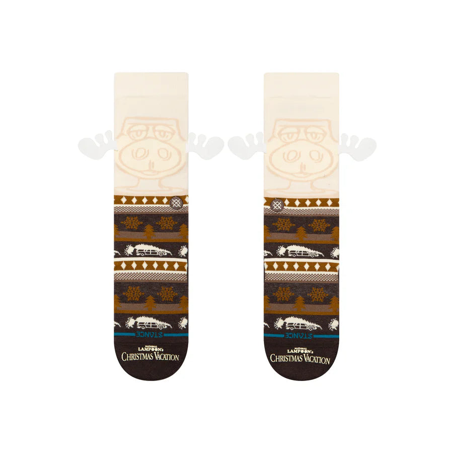 Stance Have Some Eggnog Crew Sock 2025 - Brown crew socks with a festive Christmas design featuring snowflakes, trees, and eggnog mugs.