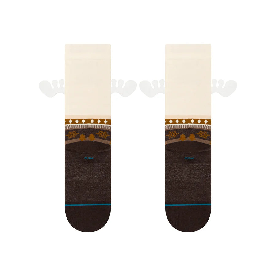 Stance Have Some Eggnog Crew Sock 2025 - A pair of crew socks with a festive eggnog design, featuring brown and white stripes.