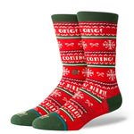 Stance I Know Him Crew Sock 2025 - Red crew socks with white snowflakes and green stripes.
