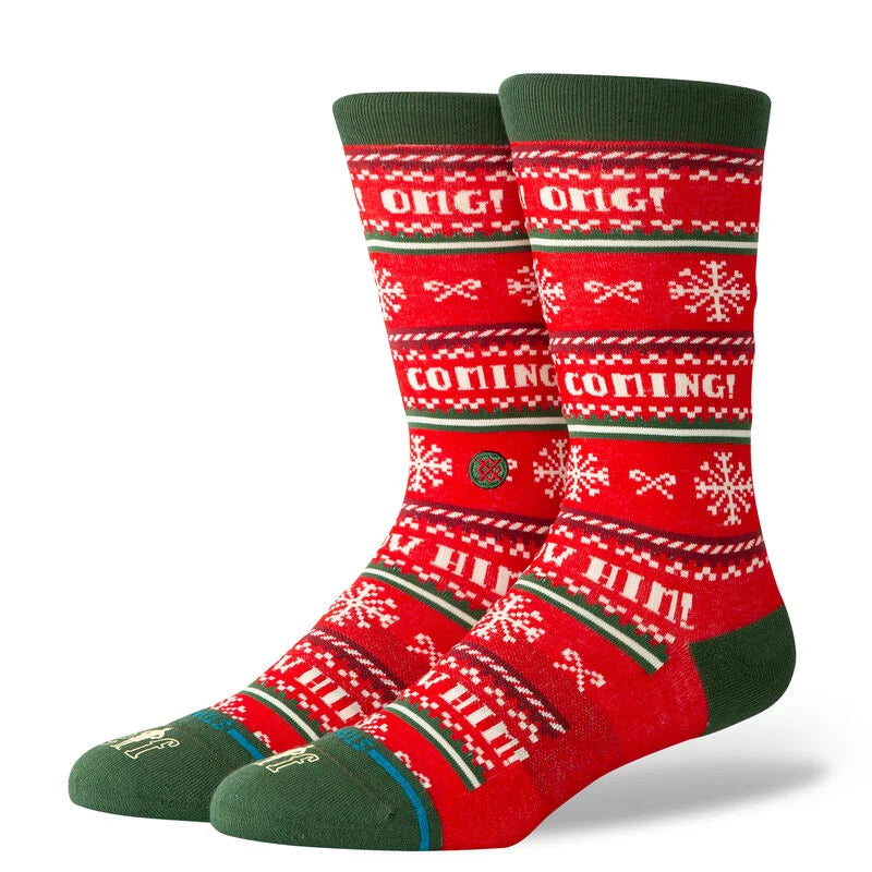 Stance I Know Him Crew Sock 2025 - Red crew socks with white snowflakes and green stripes.