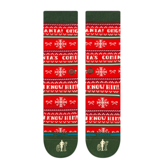 Stance I Know Him Crew Sock 2025 - Red crew socks with white snowflakes and "I know him" written in white letters.