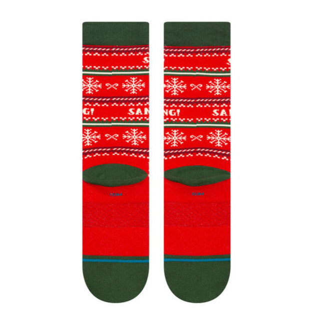 Stance I Know Him Crew Sock 2025 - Red crew socks with white snowflakes and "I know him" in white letters.