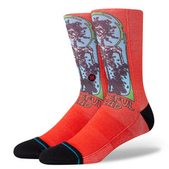 Stance X Grateful Dead - Ful Poly Crew Socks 2023 - A pair of crew socks with a repeating pattern of the words "ful" in purple, on a light blue background.
